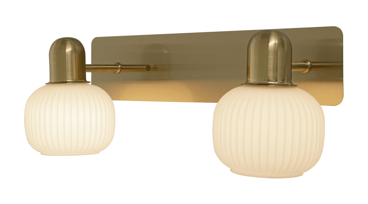 Messina 35cm Mat messing badkamerlamp Van Aneta Lighting - Wandlamp Messina in mat messing met 2 opaalwitte gecanneleerde glazen kappen.