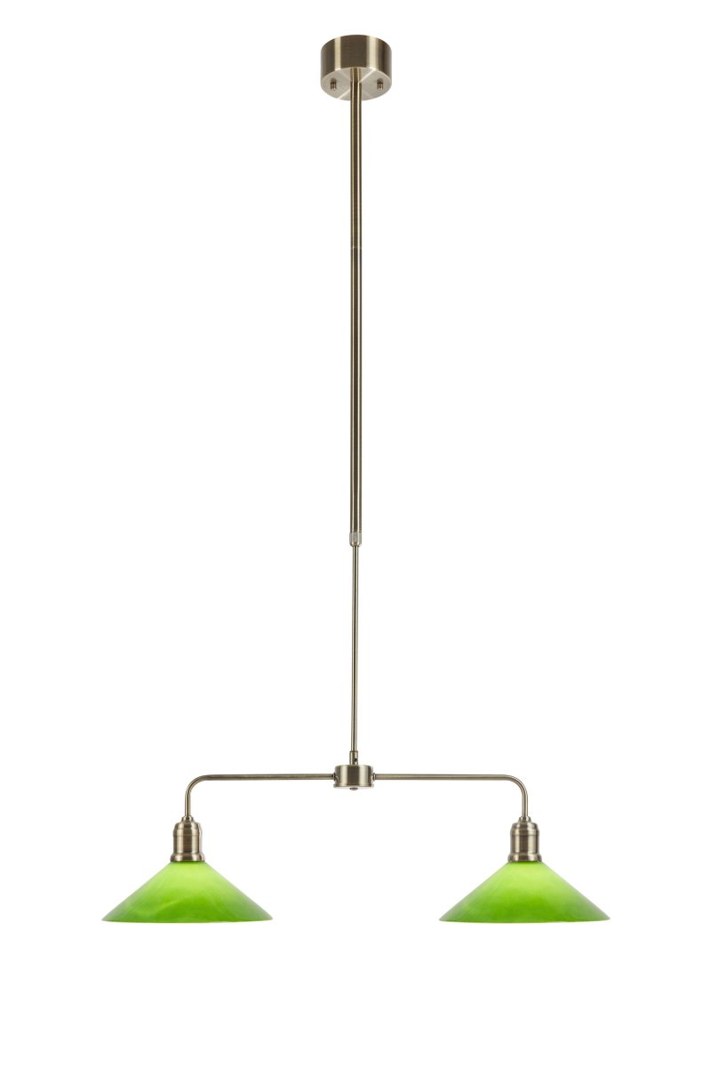 Vela 75cm Messing/groen hanglamp Van Markslöjd - Stijlvolle plafondlamp in een klassieke stijl met een messing frame en twee glanzende groene glazen kappen.