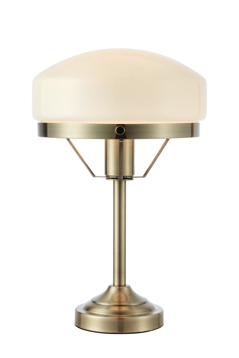  Aurelia 40cm Antiek messing tafellamp Van Markslöjd - De antieke messingkleurige metalen voet is gecombineerd met een zacht gevormde witte glazen kap, wat de lamp een klassieke en stijlvolle uitstraling geeft.