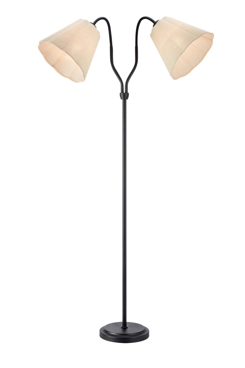 Veya 2 Zwart vloerlamp Van Markslöjd - Veya is een stijlvolle vloerlamp met een zwarte metalen voet en twee beige textielen kappen die een zacht contrast cre&euml;ren.