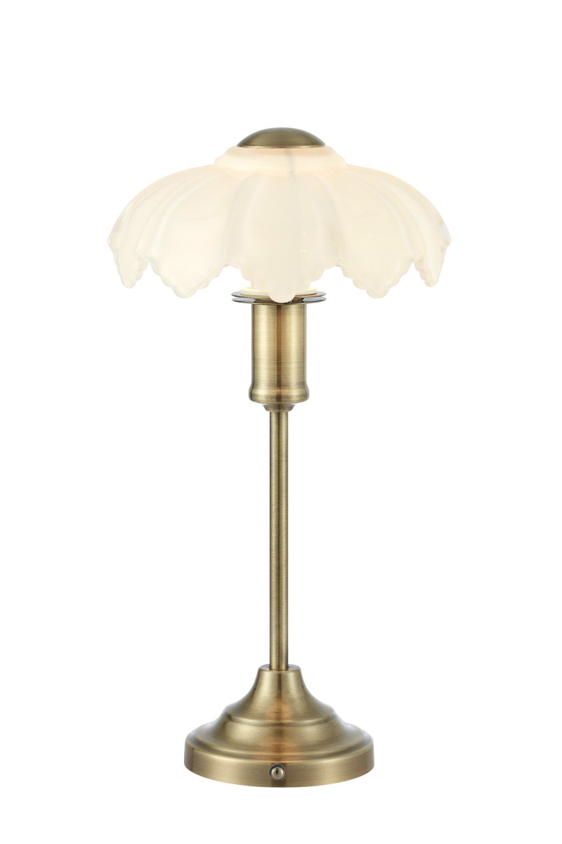 Kurage 35cm Antiek messing/wit Draagbare Van Markslöjd - De lamp is oplaadbaar en heeft een aanraakdimmer op de voet met drie helderheidsniveaus en een instelbare kleurtemperatuur.