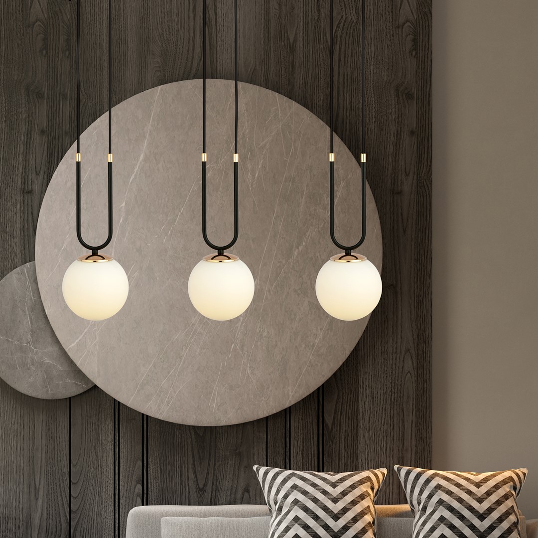 Glam 70cm Zwart hanglamp Van Emibig Lighting - De stijlvolle glazen koepels geven de Glam-serie een zachte en sierlijke uitstraling, terwijl de gouden decoratieve elementen het ontwerp verfraaien en een levendige glans toevoegen.