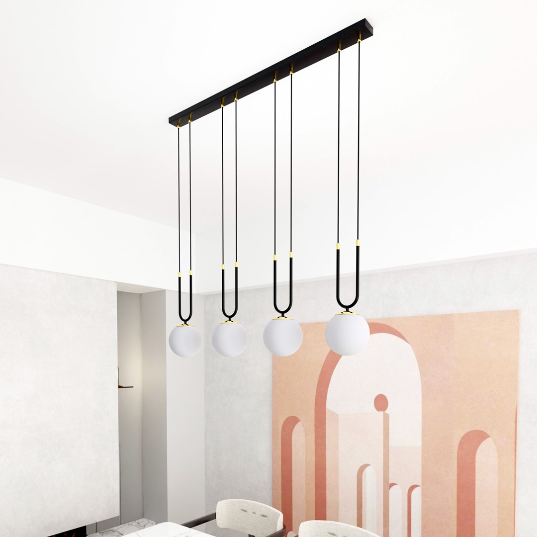 Glam 92cm Zwart hanglamp Van Emibig Lighting - De stijlvolle glazen koepels geven de Glam-serie een zachte en sierlijke uitstraling, terwijl de gouden decoratieve elementen het ontwerp verfraaien en een levendige glans toevoegen.