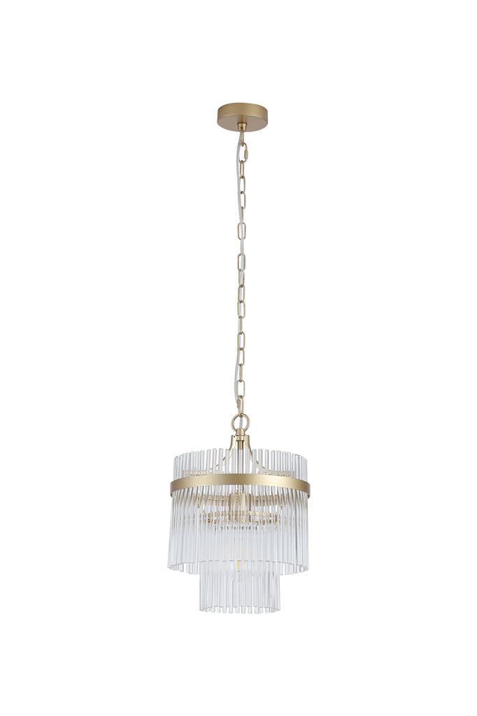 Lara Ø26 Geborsteld goud kristal Van Searchlight - Het ronde metalen frame met een geborstelde gouden afwerking is versierd met heldere glazen staven die, als prisma's, het licht vangen en weerkaatsen, waardoor een zacht en sfeervol lichtbeeld in de ruimte ontstaat.