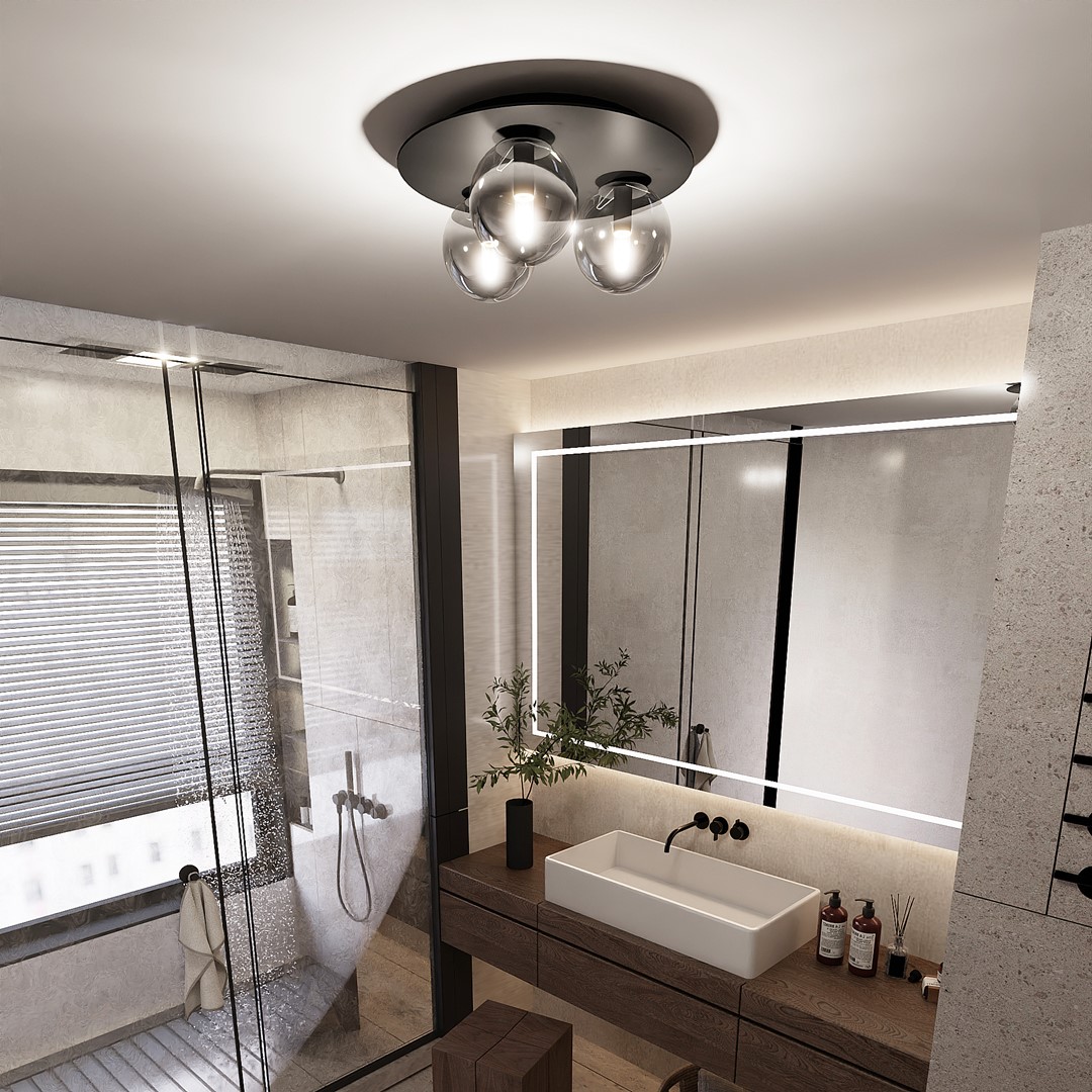 Solar Ø43 Zwart plafondlamp Van Emibig Lighting - De brede zwarte metalen kap zorgt voor een grafische expressie, terwijl de rookglazen koepels een zacht en aangenaam licht verspreiden.