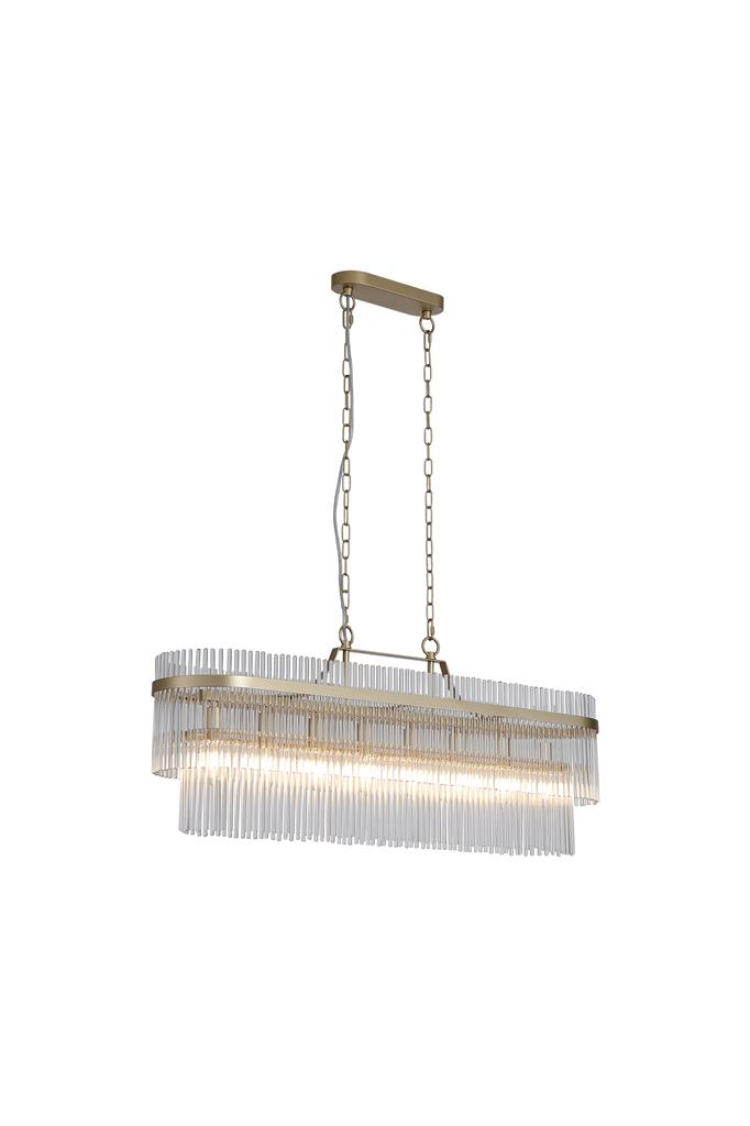 Lara 98cm Geborsteld goud kristal Van Searchlight - Het ovale metalen frame met een geborstelde gouden afwerking is versierd met heldere glazen staven die, als prisma's, het licht vangen en weerkaatsen, waardoor een zacht en sfeervol lichtbeeld in de ruimte ontstaat.