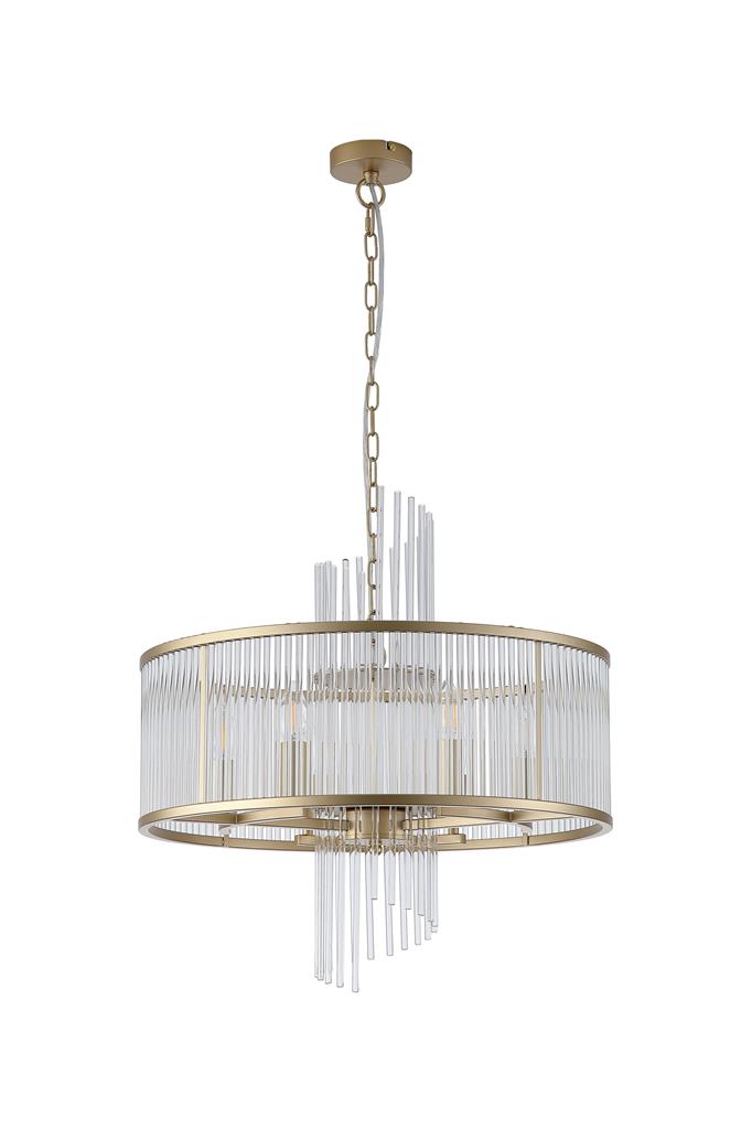 Lara Ø55 Geborsteld goud kristal Van Searchlight - Het ronde metalen frame met een geborstelde gouden afwerking is versierd met heldere glazen staven die, als prisma's, het licht vangen en weerkaatsen, waardoor een zacht en sfeervol lichtbeeld in de ruimte ontstaat.