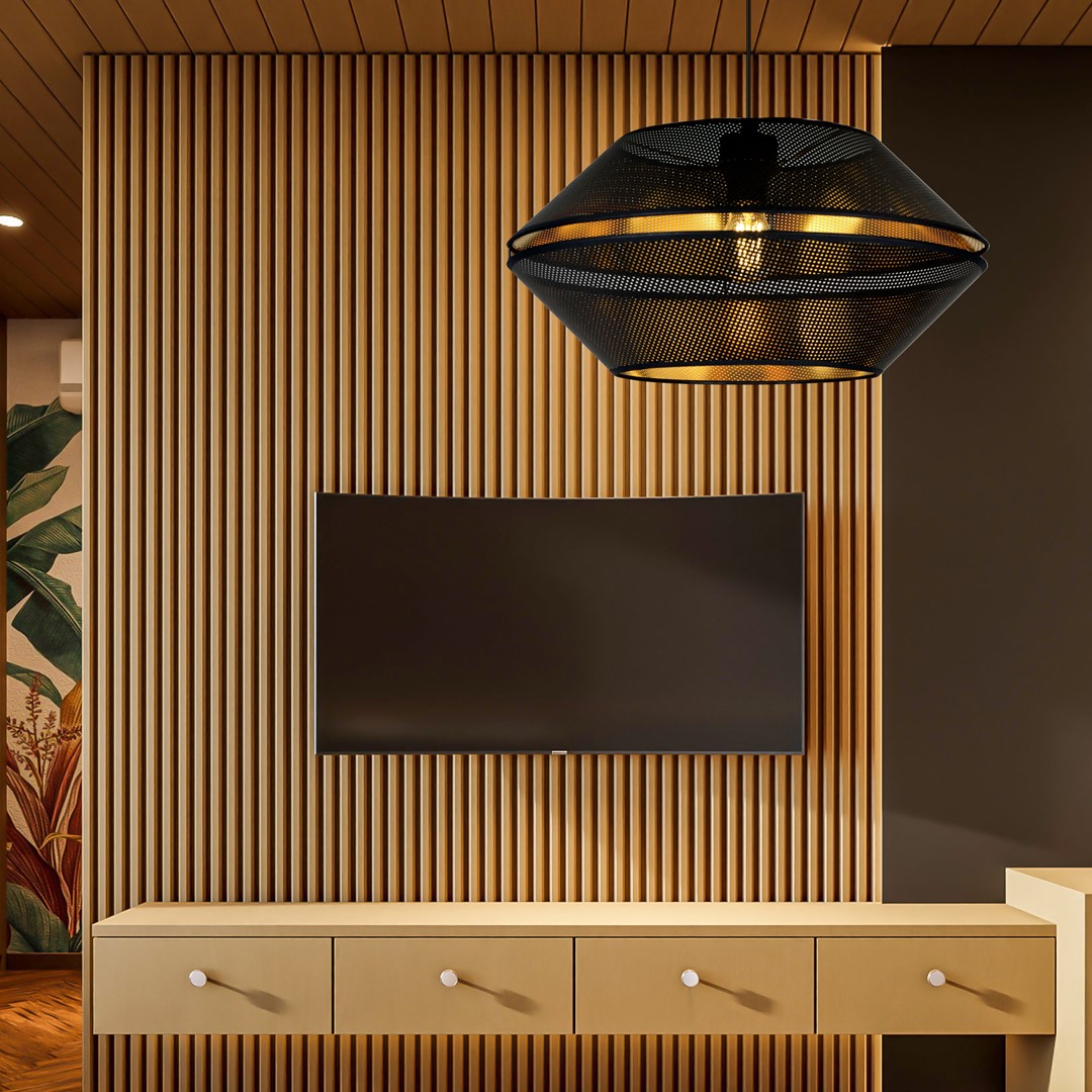 Malia Ø42 Zwart hanglamp Van Emibig Lighting - De unieke lampenkap met gouden binnenkant geeft de kamer een bijzonder karakter en cre&euml;ert een magische, sfeervolle sfeer met warmte.