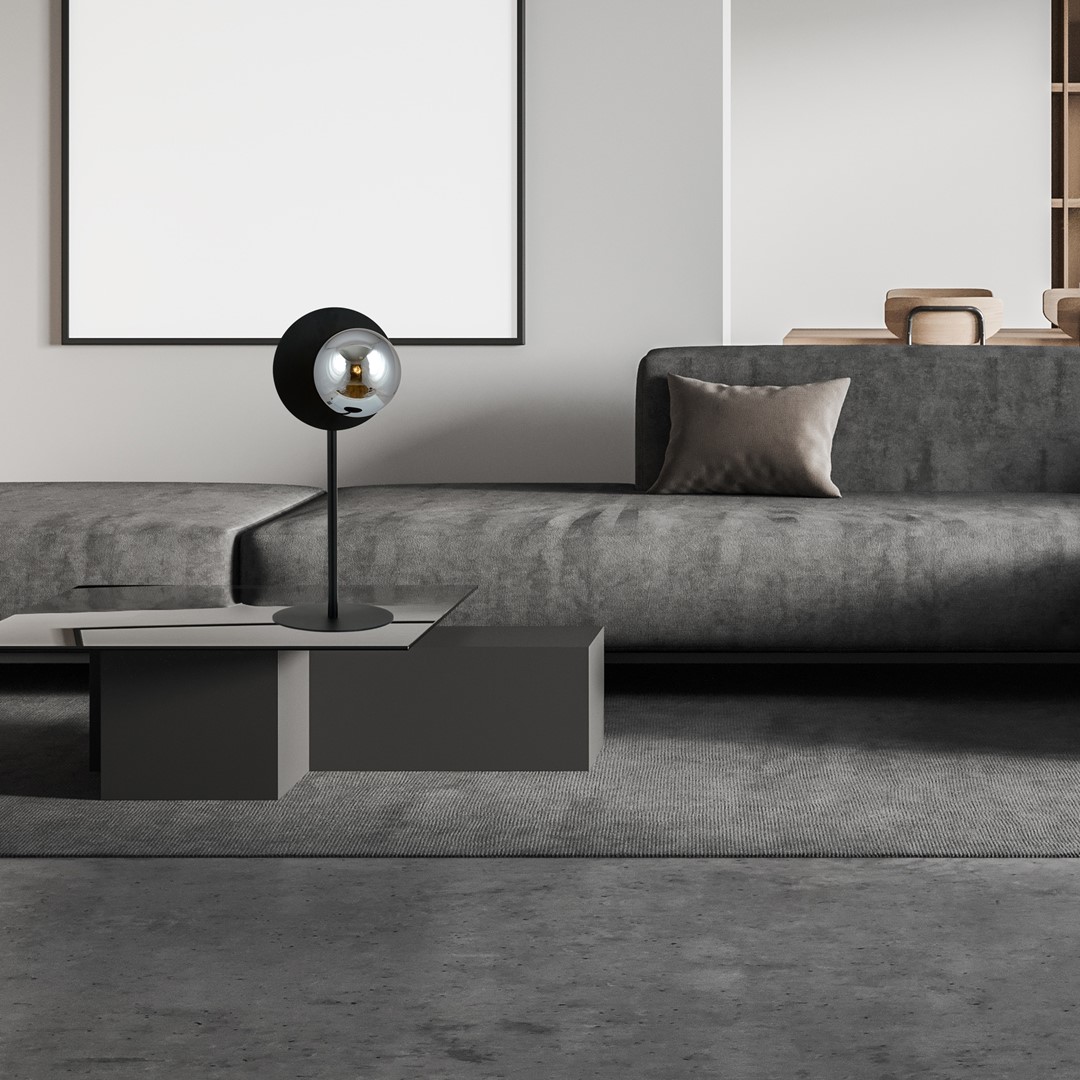 Oslo 50cm Zwart/Rokerig tafellamp Van Emibig Lighting - De ronde vorm creëert een mooi contrast met de rechte voet en maakt de lamp tot een decoratief element in de kamer.