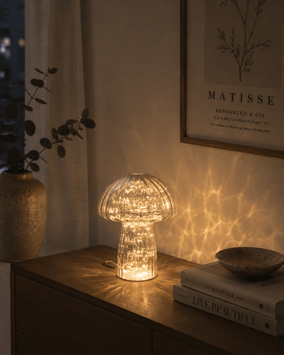 Svamp 23cm Blauw tafellamp Van Pixie Design - Hij is voorzien van een timer en een praktische dimmer met 5 standen om het licht naar wens aan te passen, waardoor hij perfect is voor zowel functionele verlichting als gezellige avondverlichting.