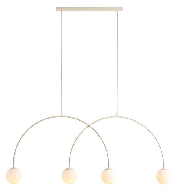 Una 150cm Romig wit hanglamp Van Artera - De combinatie van het crèmewitte metaal en de witte glazen kappen creëert een harmonieus contrast en voegt een vleugje moderne elegantie toe aan elke kamer.