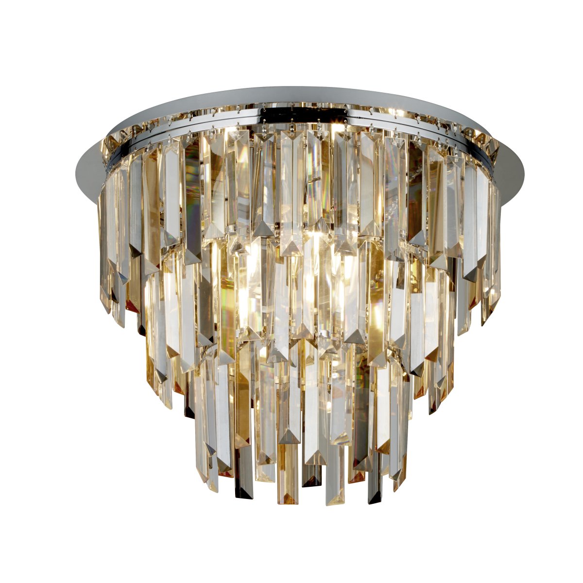 Clarissa Ø45 Chroom kristal Van Searchlight - De lamp wordt dicht bij het plafond gemonteerd op een chromen voet, wat een subtiel vleugje glamour geeft.