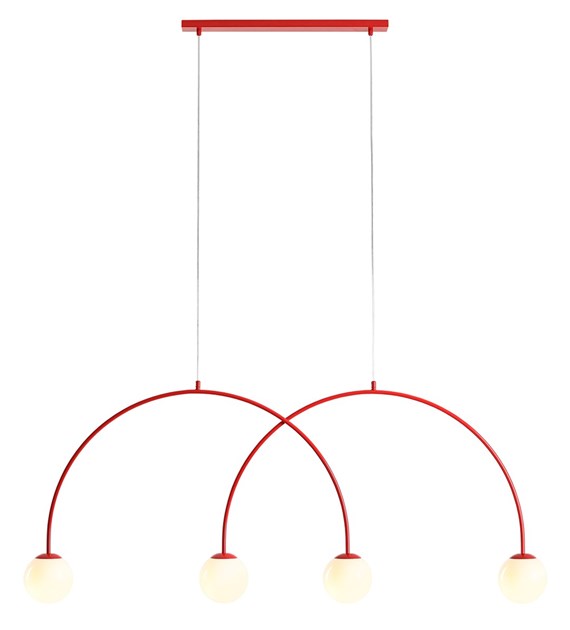 Una 150cm ROOD hanglamp Van Artera - De combinatie van rood metaal en de witte glazen kappen zorgt voor een harmonieus contrast en voegt een vleugje moderne elegantie toe aan elke kamer.