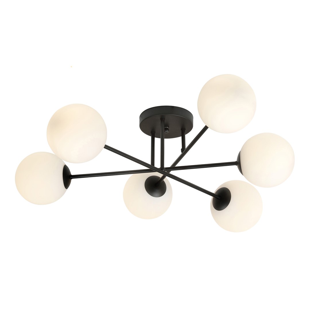 Roma Ø75 plafondlamp Van Emibig Lighting - Het zwarte metalen frame is gecombineerd met witte glazen kappen die een zacht en aangenaam licht verspreiden.