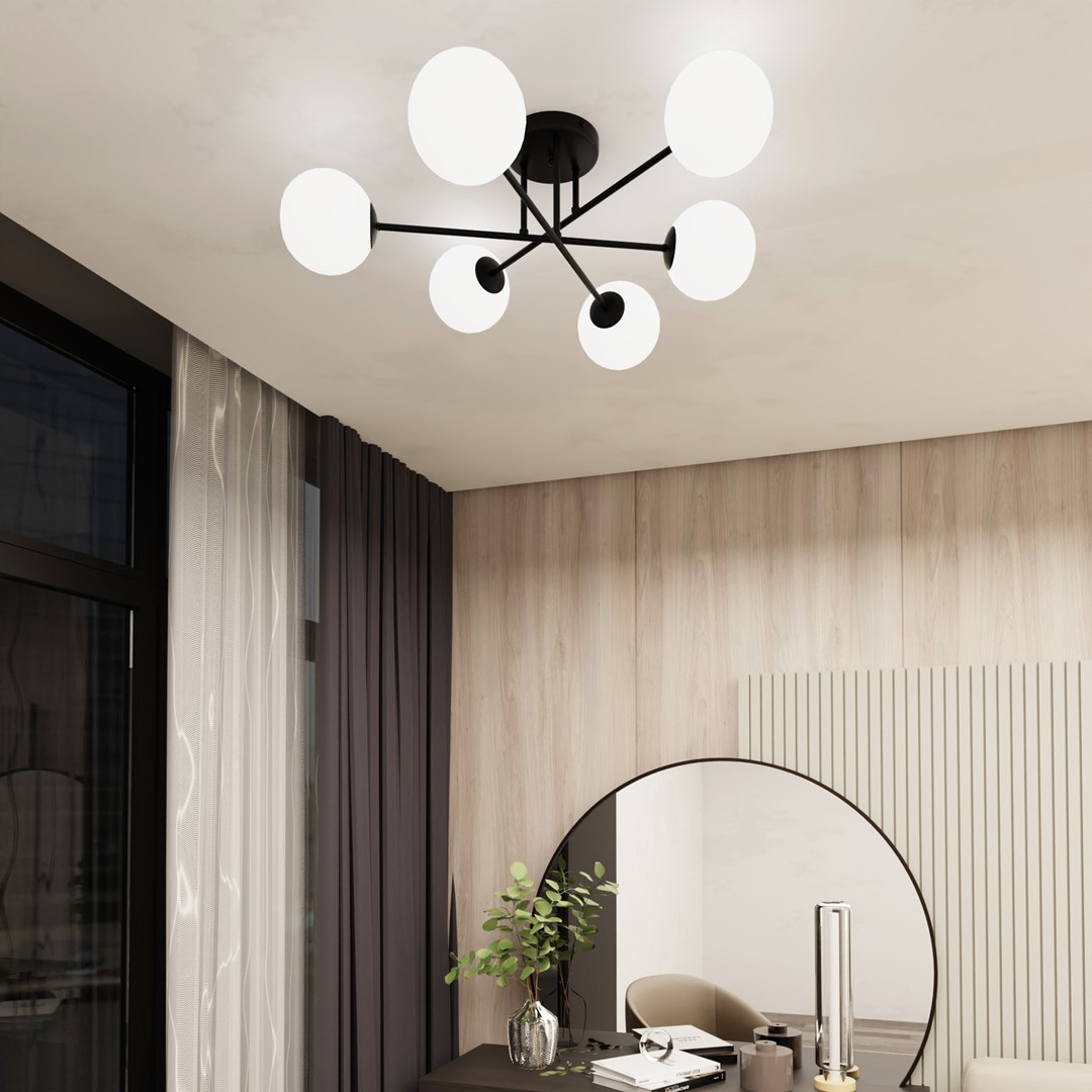 Roma Ø75 plafondlamp Van Emibig Lighting - Het zwarte metalen frame is gecombineerd met witte glazen kappen die een zacht en aangenaam licht verspreiden.