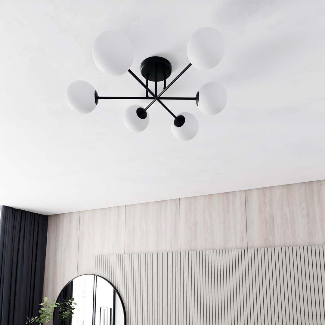 Roma Ø75 plafondlamp Van Emibig Lighting - Het zwarte metalen frame is gecombineerd met witte glazen kappen die een zacht en aangenaam licht verspreiden.