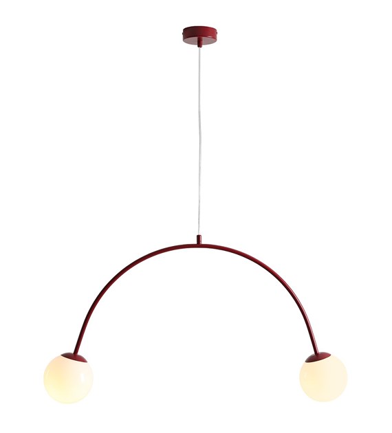 Una 84cm ROOD hanglamp Van Artera - De Una plafondlamp van metaal in een glanzende, donkerbruine kleur heeft een opvallend en modern design met een gebogen arm met twee witte glazen kappen.
