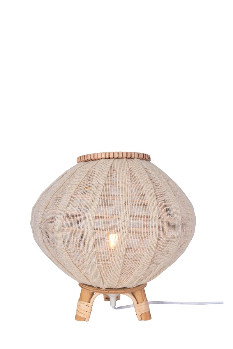 Borneo 37cm Natuur tafellamp Van Globen Lighting - De lamp is gemaakt van naturelkleurig rotan en gebroken wit linnen en heeft een 200 cm lang wit textielsnoer met schakelaar en stekker.