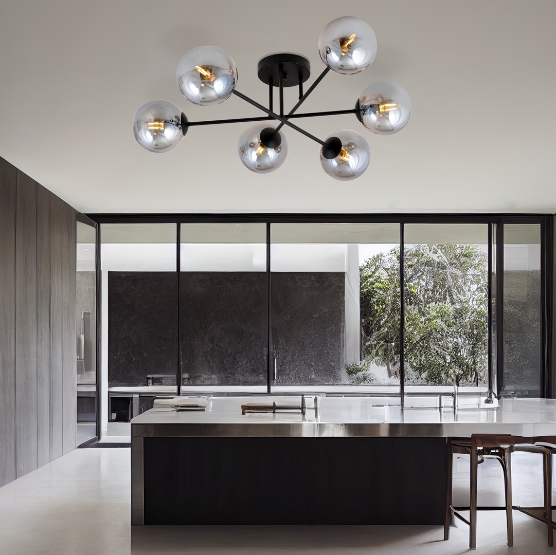 Roma Ø75 Rookkleurig plafondlamp Van Emibig Lighting - Het zwarte metalen frame is gecombineerd met kappen van rookglas die een zacht en aangenaam licht verspreiden.