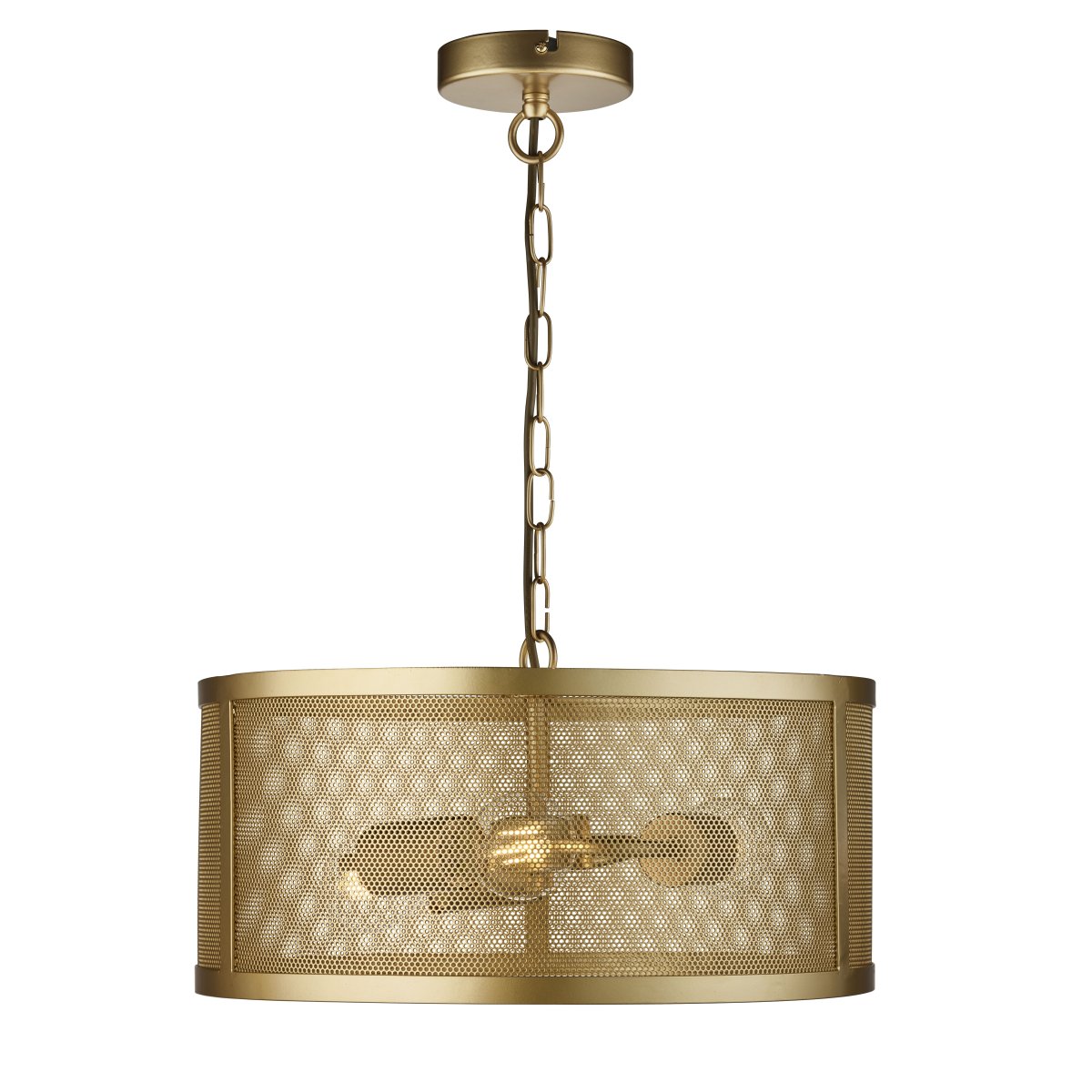 Fishnet Ø45 Mat goud hanglamp Van Searchlight - Deze indrukwekkende Fishnet hanglamp in mat goud omvat drie lichtbronnen in een mooie en decoratieve goudkleurige gaaskooi.