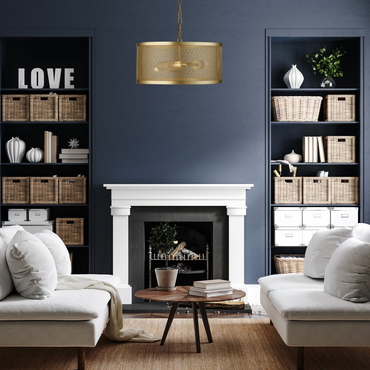 Fishnet Ø45 Mat goud hanglamp Van Searchlight - Deze indrukwekkende Fishnet hanglamp in mat goud omvat drie lichtbronnen in een mooie en decoratieve goudkleurige gaaskooi.