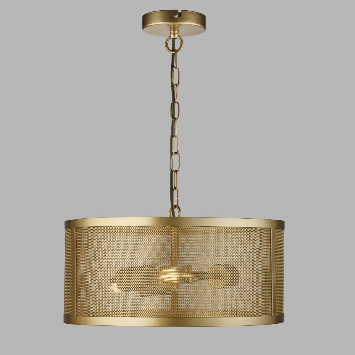 Fishnet Ø45 Mat goud hanglamp Van Searchlight - Deze indrukwekkende Fishnet hanglamp in mat goud omvat drie lichtbronnen in een mooie en decoratieve goudkleurige gaaskooi.