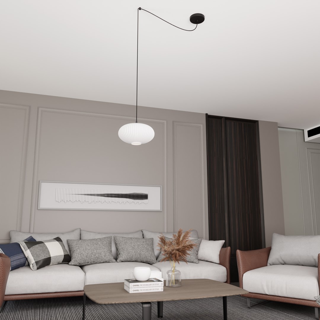 Origo Ø30 Wit hanglamp Van Emibig Lighting - Het uitlopende snoer en de opaal glazen kap cre&euml;ren een harmonieus geheel, waardoor de kamer een warme en uitnodigende sfeer krijgt.