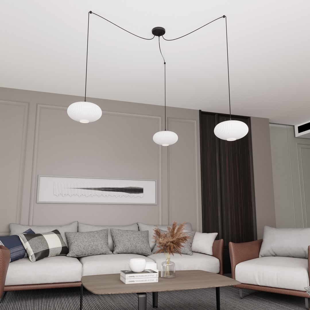Origo 3xØ30 Wit hanglamp Van Emibig Lighting - De uitlopende snoeren cre&euml;ren samen met de opaal glazen koepels een harmonieus geheel, waardoor de kamer een warme en uitnodigende uitstraling krijgt.