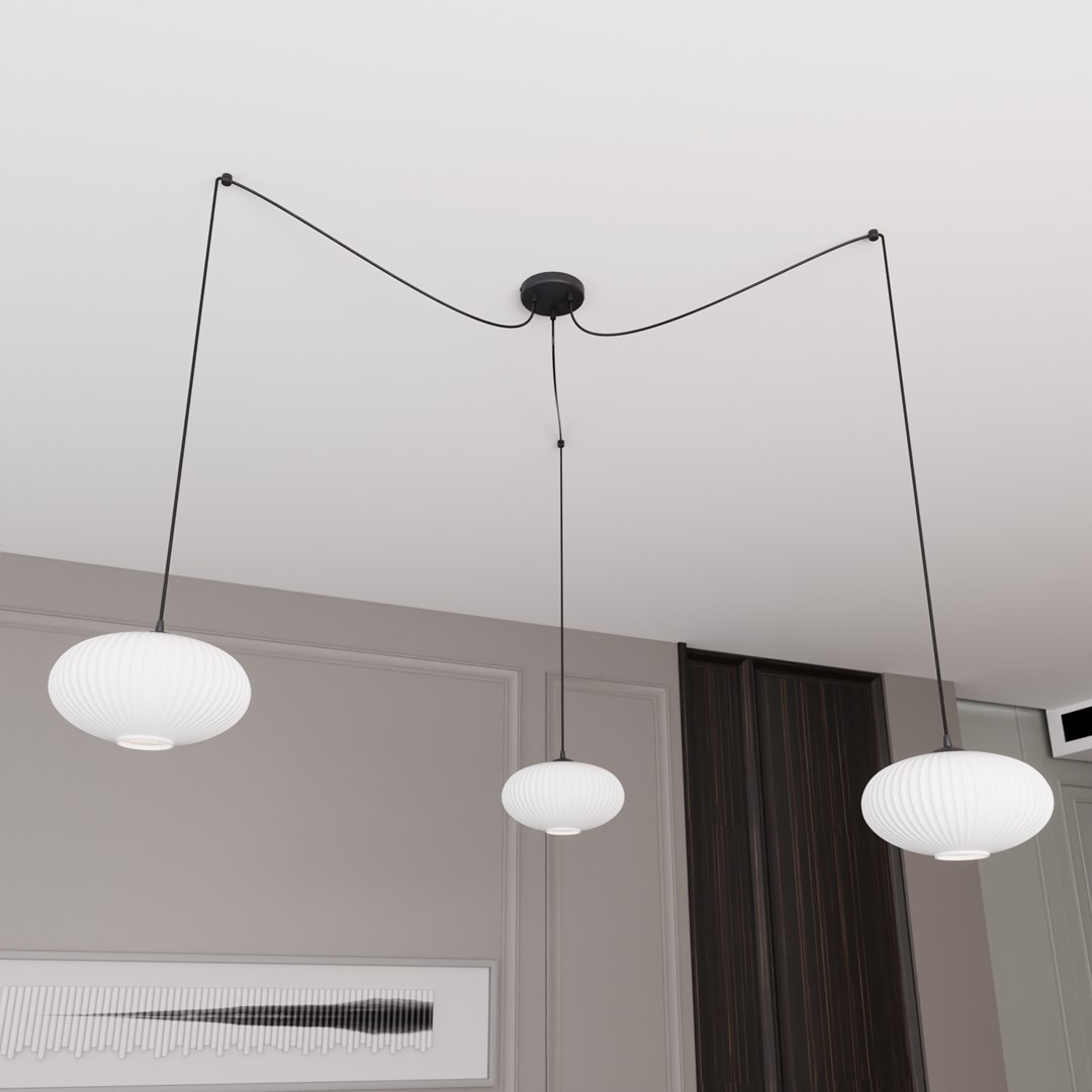 Origo 3xØ30 Wit hanglamp Van Emibig Lighting - De uitlopende snoeren cre&euml;ren samen met de opaal glazen koepels een harmonieus geheel, waardoor de kamer een warme en uitnodigende uitstraling krijgt.