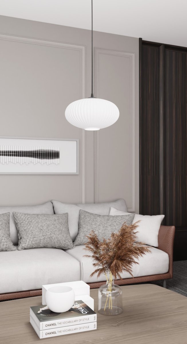 Coco Ø30 Wit hanglamp Van Emibig Lighting - De stijlvolle opaalglazen kap verspreidt een schitteringsvrij licht, waardoor de kamer een lichte en zachte uitstraling krijgt.