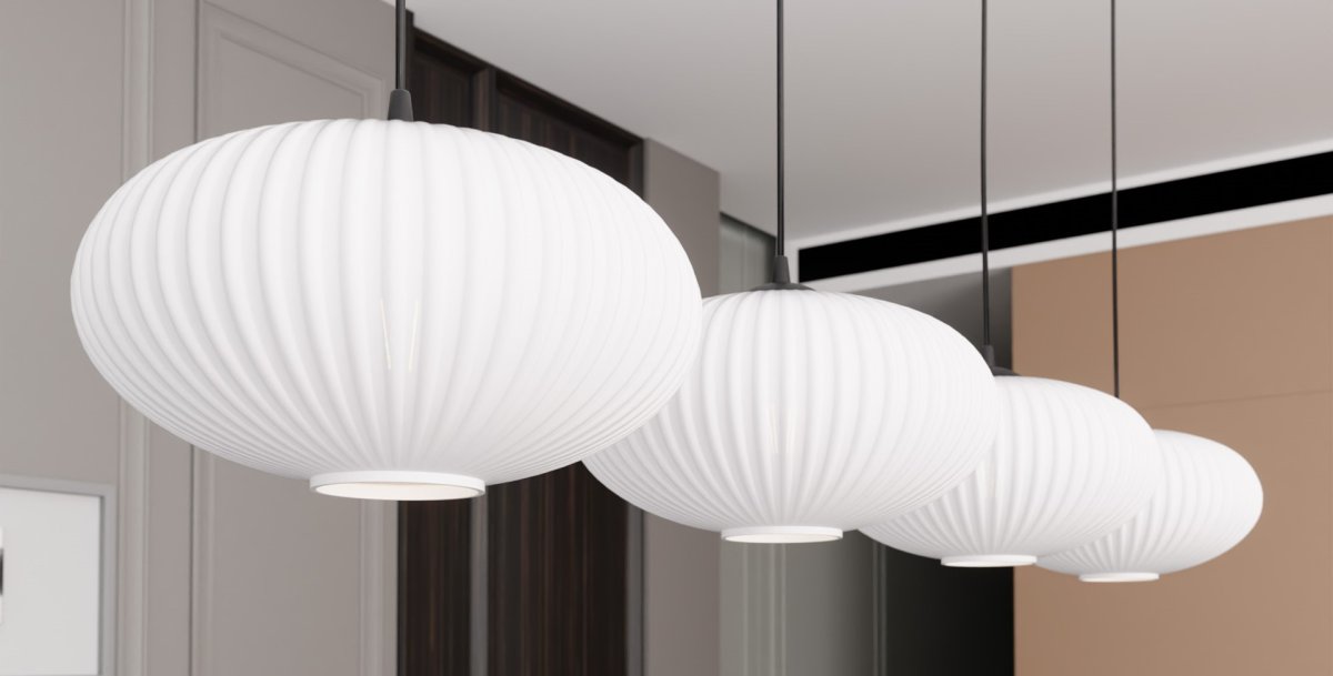 Coco 140cm Wit hanglamp Van Emibig Lighting - De stijlvolle opaalglazen koepels verspreiden een schitteringsvrij licht, waardoor de kamer een lichte en zachte uitstraling krijgt.