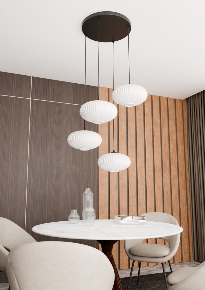 Coco Ø70 Wit hanglamp Van Emibig Lighting - De stijlvolle opaalglazen koepels verspreiden een schitteringsvrij licht, waardoor de kamer een lichte en zachte uitstraling krijgt.