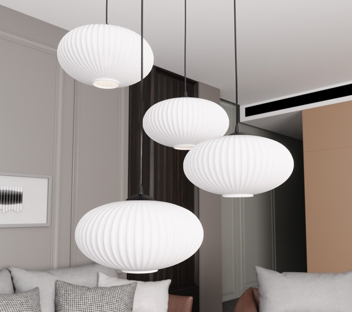 Coco Ø70 Wit hanglamp Van Emibig Lighting - De stijlvolle opaalglazen koepels verspreiden een schitteringsvrij licht, waardoor de kamer een lichte en zachte uitstraling krijgt.