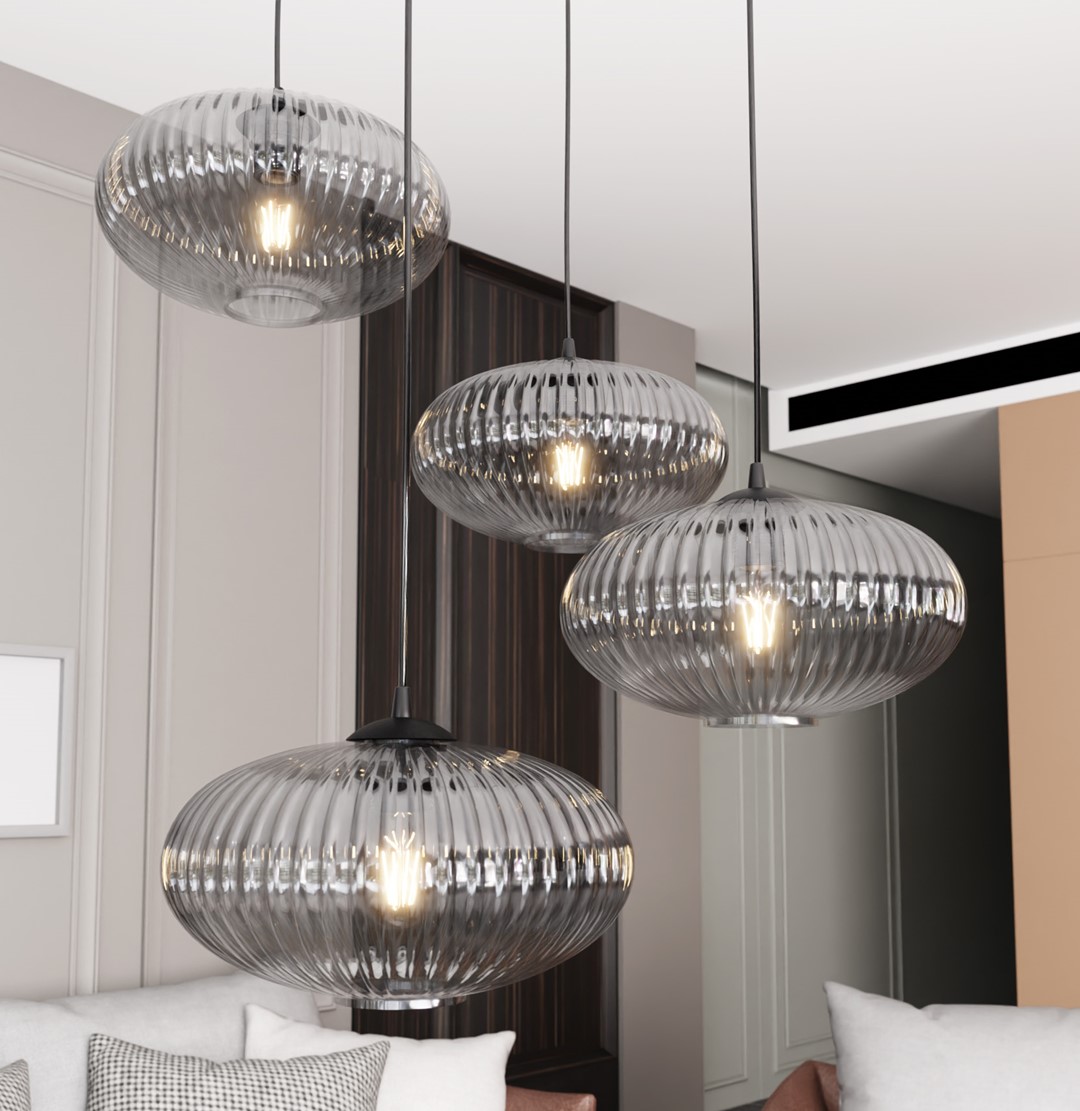 Coco Ø70 Rookkleurig hanglamp Van Emibig Lighting - De stijlvolle rookglazen kappen verspreiden een warm licht, waardoor de kamer een lichte en zachte uitstraling krijgt.