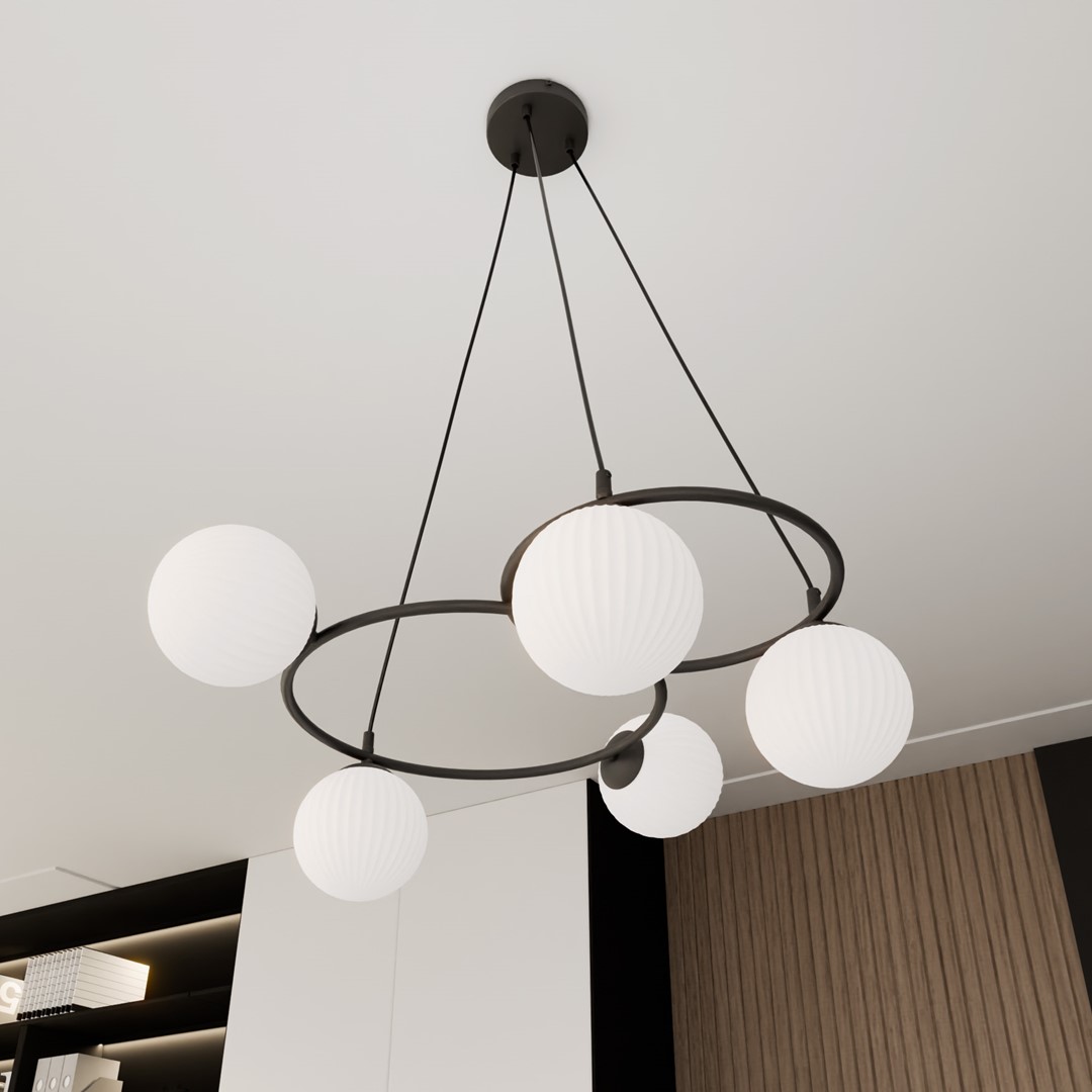 Libra 70cm Wit hanglamp Van Emibig Lighting - ringen die een lichte en harmonieuze uitstraling geven, terwijl de opaal glazen koepels een schitteringsvrij en aangenaam licht verspreiden dat een gezellige sfeer cre&euml;ert.