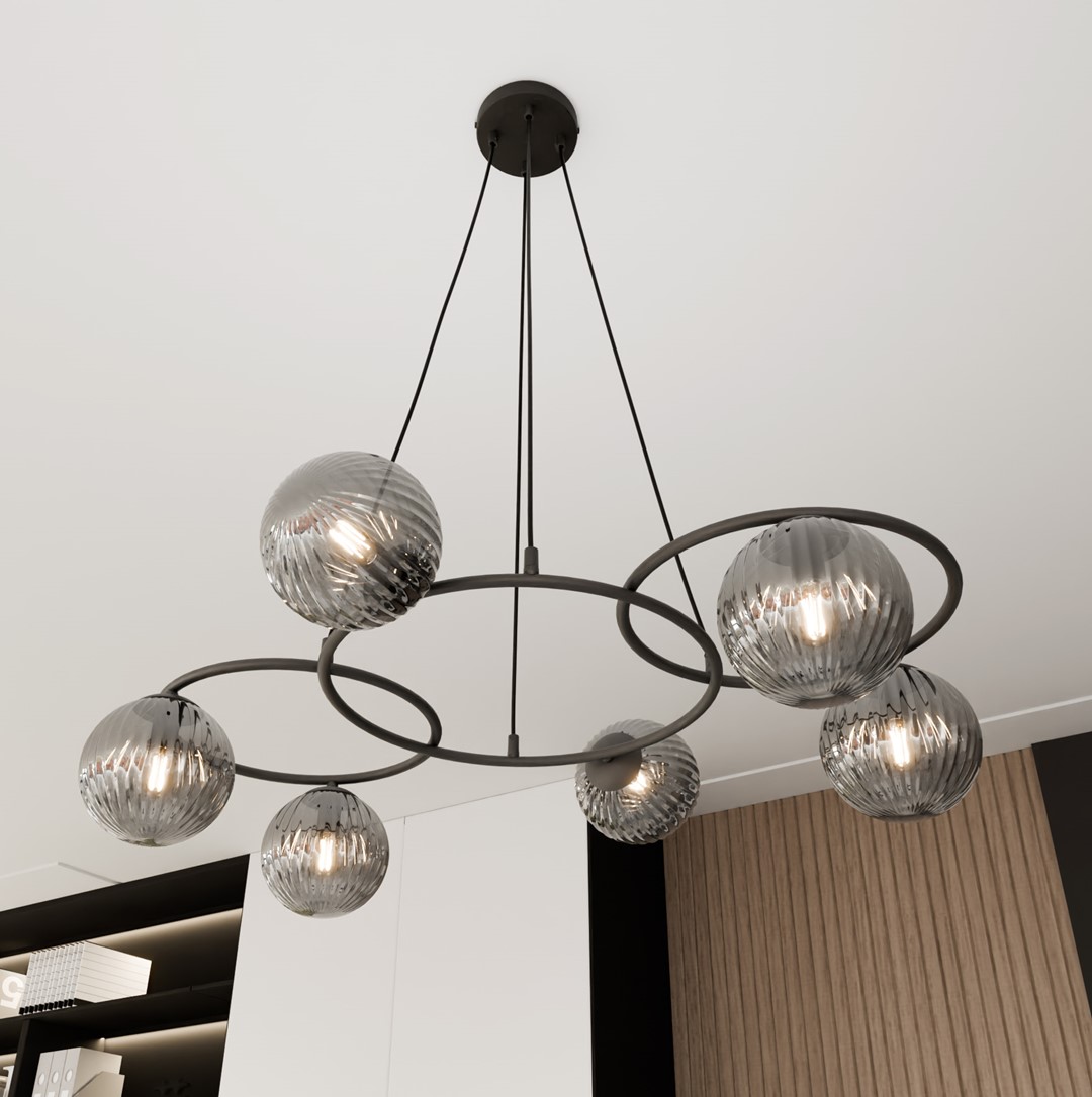 Libra 88cm Rookkleurig hanglamp Van Emibig Lighting - Het bestaat uit drie ringen die een lichte en harmonieuze uitstraling geven, terwijl de kappen van gerookt glas een warm en aangenaam licht verspreiden en zo een aangename sfeer cre&euml;ren.