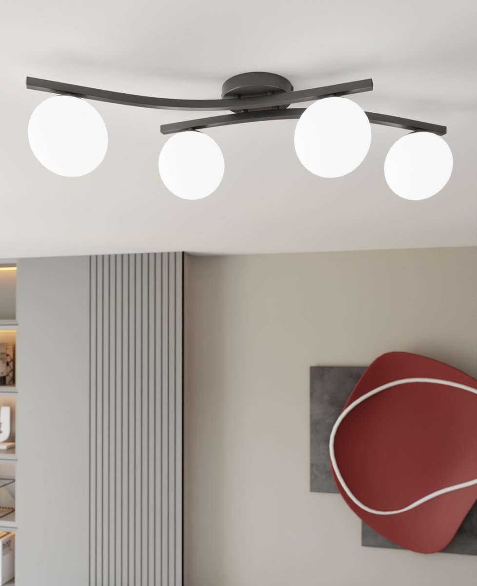 Opus 84cm Wit plafondlamp Van Emibig Lighting - De eenvoudige vorm en de opaal glazen koepels geven de kamer een zachtheid en lichtheid, terwijl de lamp een aangenaam, diffuus licht verspreidt.