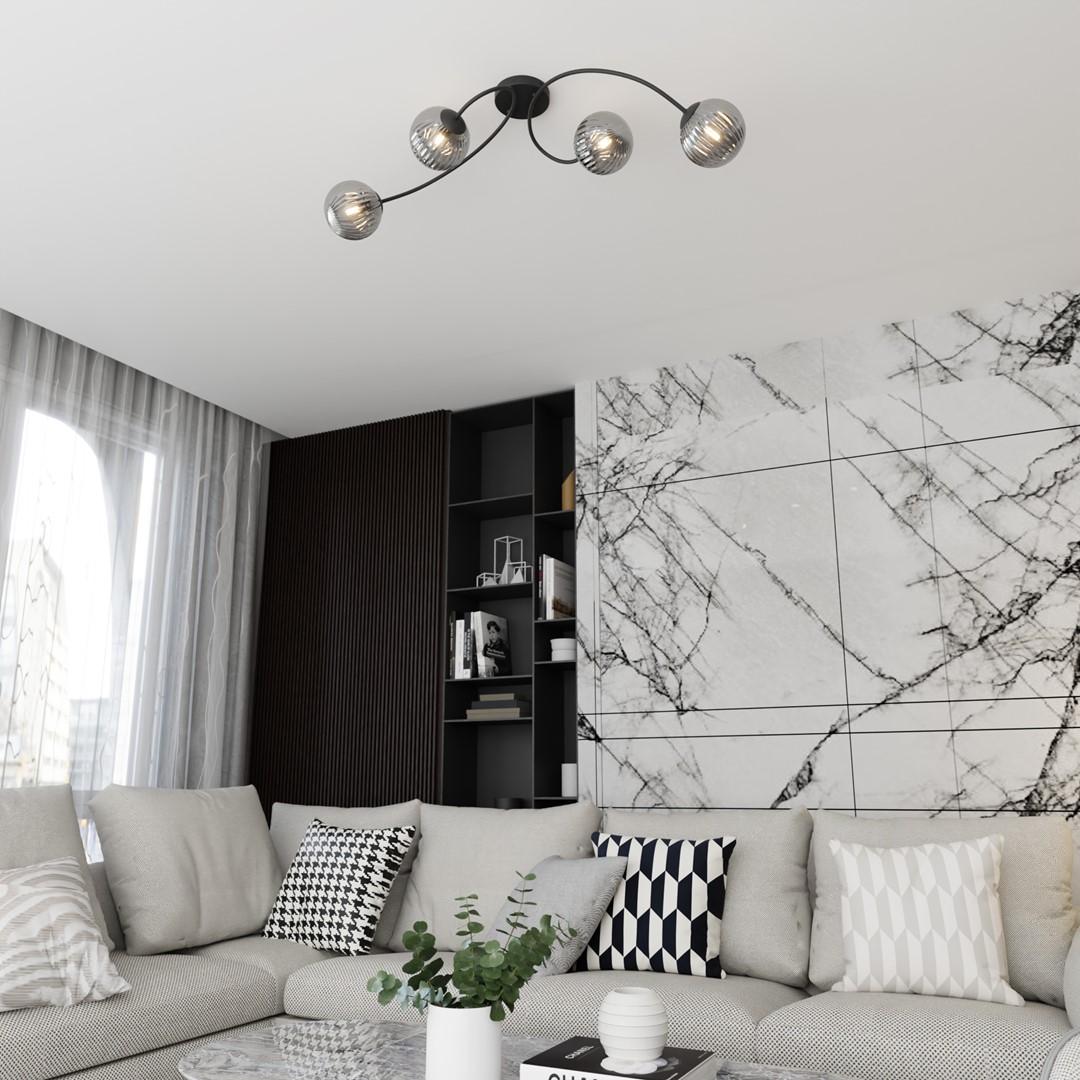 Vibra 110cm Rookkleurig plafondlamp Van Emibig Lighting - De lampenkappen van gerookt glas verspreiden een zacht en diffuus licht, wat de kamer een lichte en moderne uitstraling geeft.