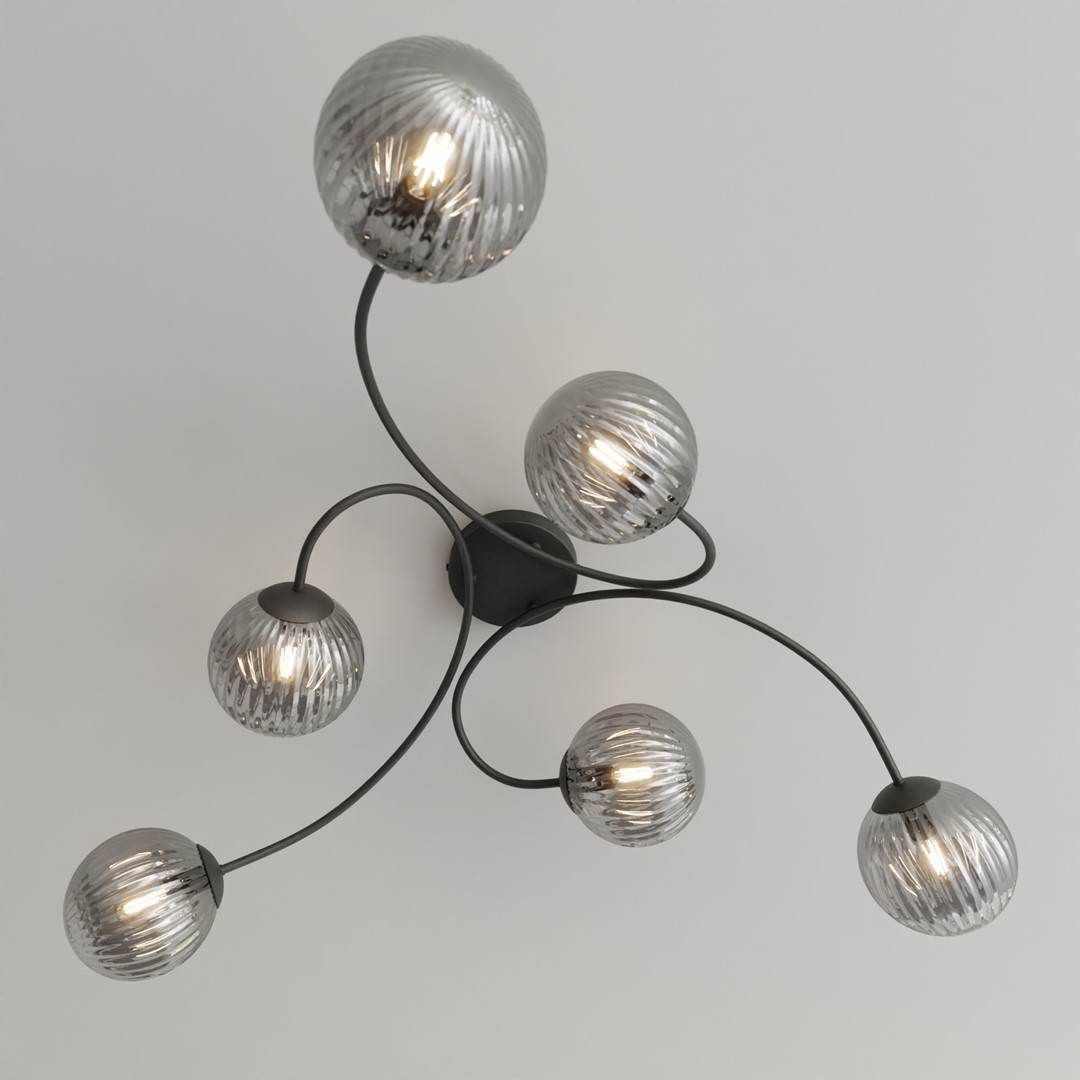 Vibra 97cm Rookkleurig plafondlamp Van Emibig Lighting - De lampenkappen van gerookt glas verspreiden een zacht en diffuus licht, wat de kamer een lichte en moderne uitstraling geeft.