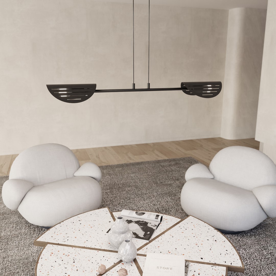 Saber 104cm Zwart hanglamp Van Emibig Lighting - Perfect voor woonkamers, eetkamers en kantooromgevingen - Saber verspreidt een zacht licht dat een bijzondere sfeer cre&euml;ert en de stijl van de kamer benadrukt.