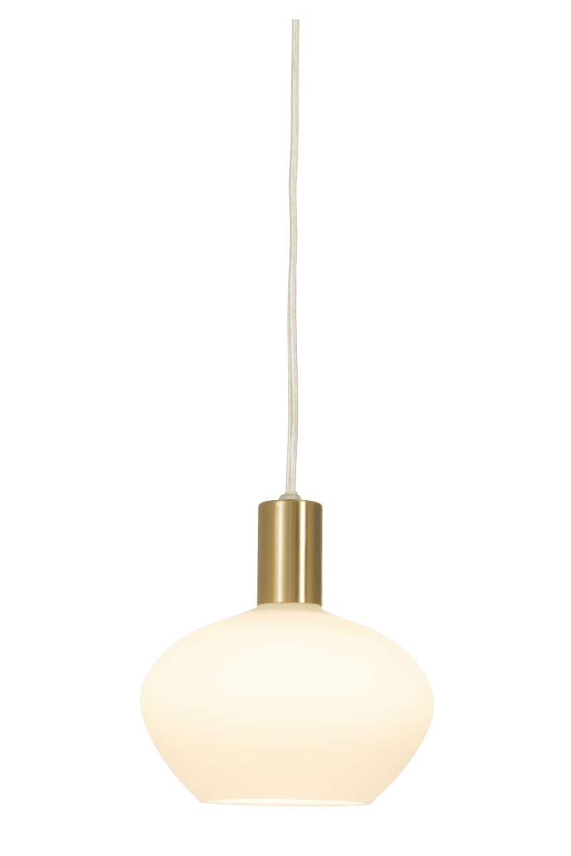 Bell Ø15 Wit raamlamp Van Aneta Lighting - Gemaakt van metaal met een matte messing afwerking en een ronde kap van opaalglas die een zachte en aangename gloed verspreidt.