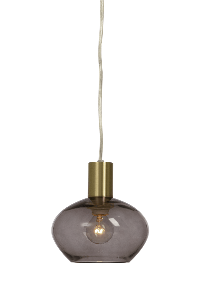 Bell Ø15 Rookkleurig raamlamp Van Aneta Lighting - Gemaakt van metaal met een matte messing afwerking en een ronde kap van rookglas die een zachte en aangename gloed verspreidt.