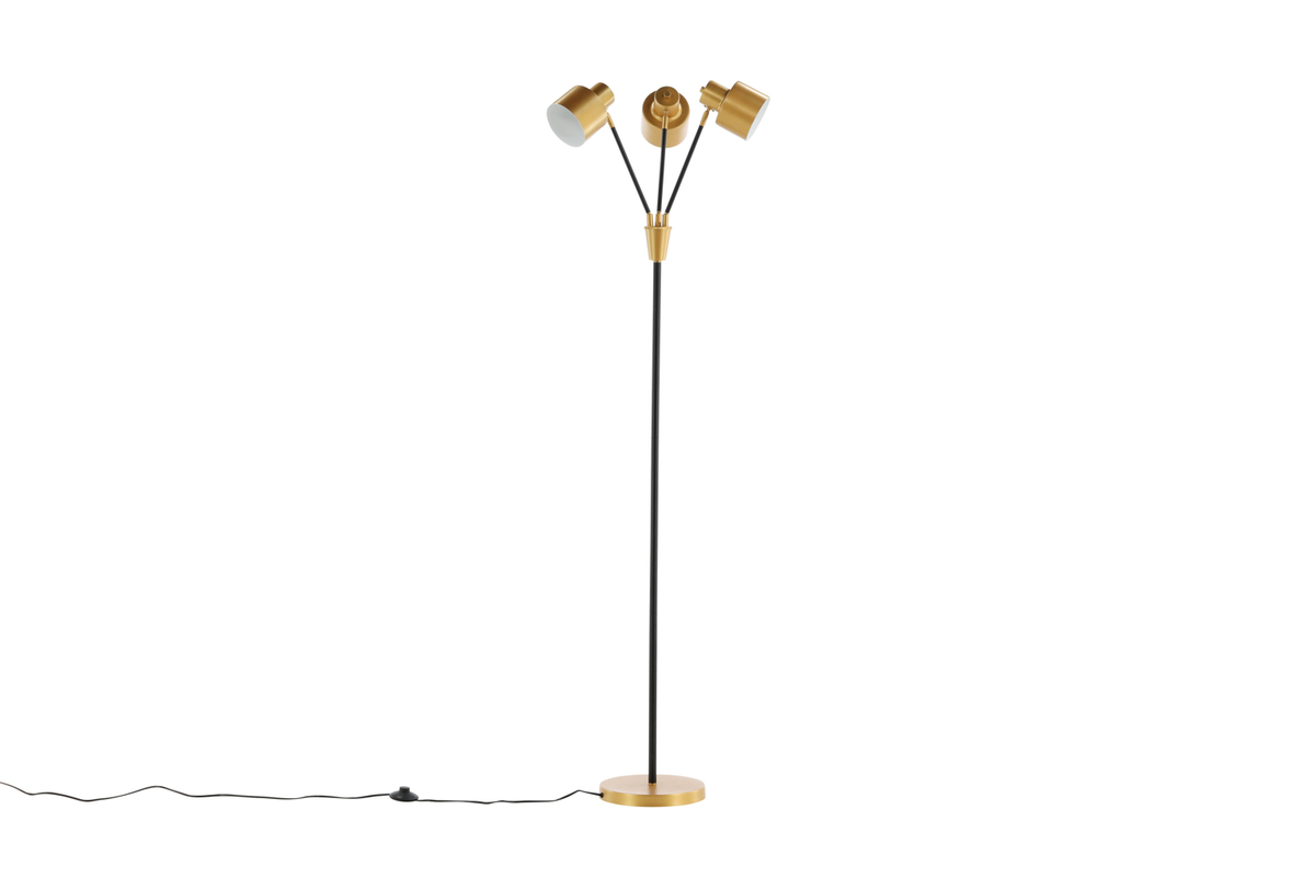 Vifta 3 Zwart vloerlamp Van Venture Design - Staande lamp met een zwarte en messing afwerking, met drie kappen die naar wens verstelbaar zijn.