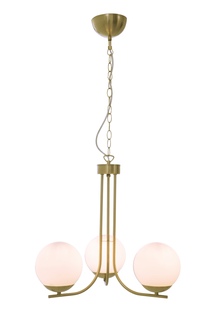 Orfeus Ø44 Mat messing hanglamp Van Aneta Lighting - ORFEUS is een plafondlamp in mat messing met drie glazen kappen in opaalwit.