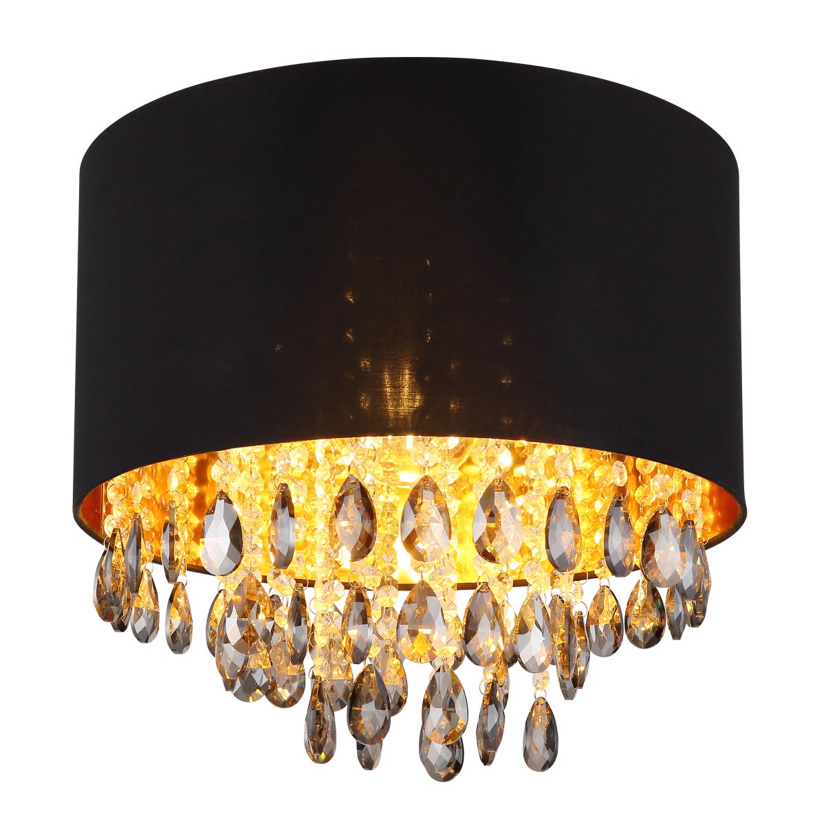 Coletta Ø40 Zwart plafondlamp Van Globo Lighting - Textilsk&auml;rmen med en guldig insida ger ett behagligt sken och i kombination med prismorna som omfamnar ljusk&auml;llan skapas ett vackert ljusspel i rummet n&auml;r lampan &auml;r t&auml;nd.