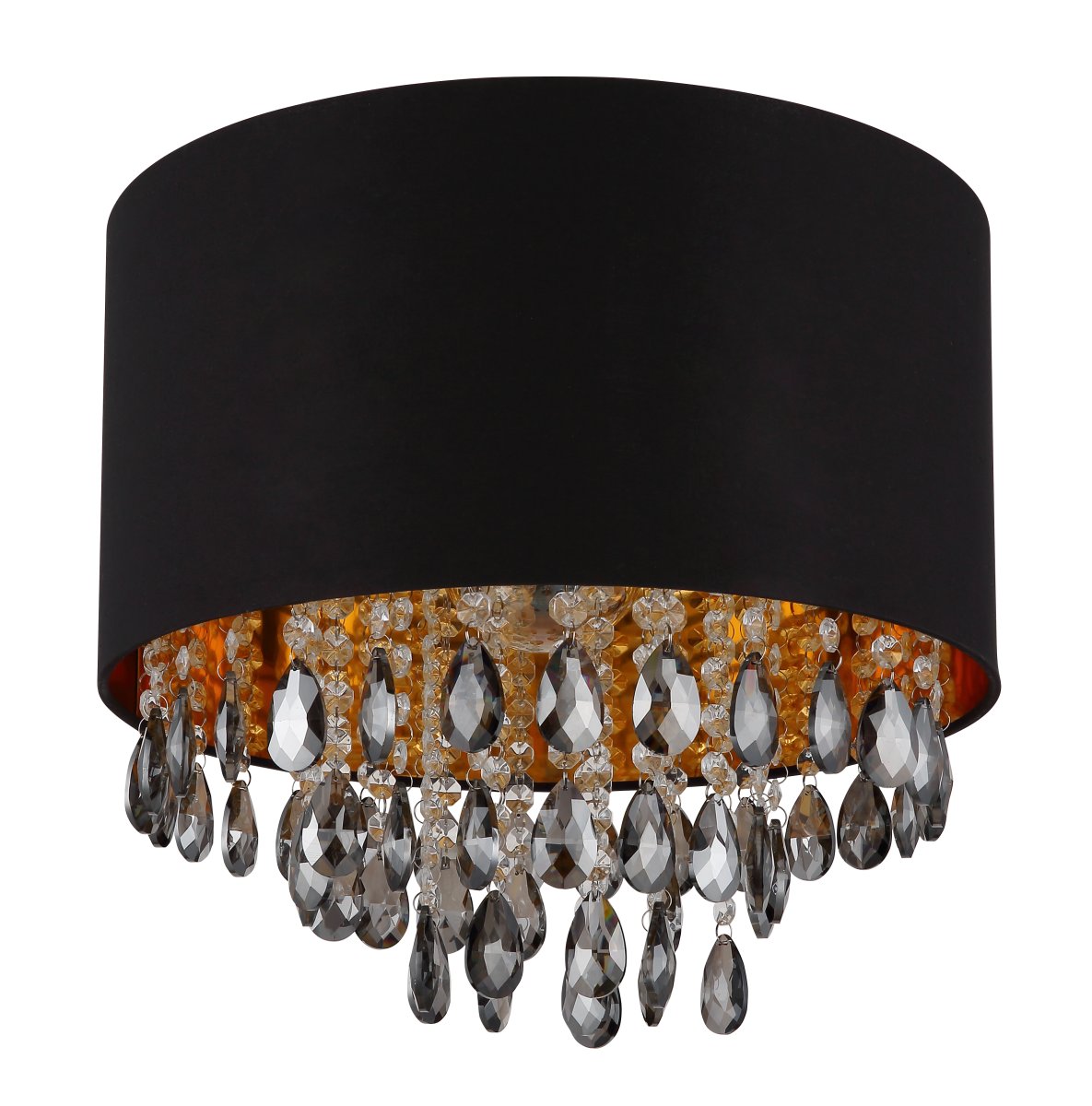 Coletta Ø40 Zwart plafondlamp Van Globo Lighting - Textilsk&auml;rmen med en guldig insida ger ett behagligt sken och i kombination med prismorna som omfamnar ljusk&auml;llan skapas ett vackert ljusspel i rummet n&auml;r lampan &auml;r t&auml;nd.