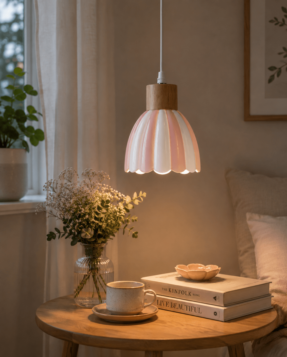 Poppy Ø15 Roze/wit raamlamp Van Pixie Design - Poppy is een charmante vensterlamp van keramiek met een zacht afgeronde vorm en decoratieve houten details die een natuurlijke uitstraling geven.
