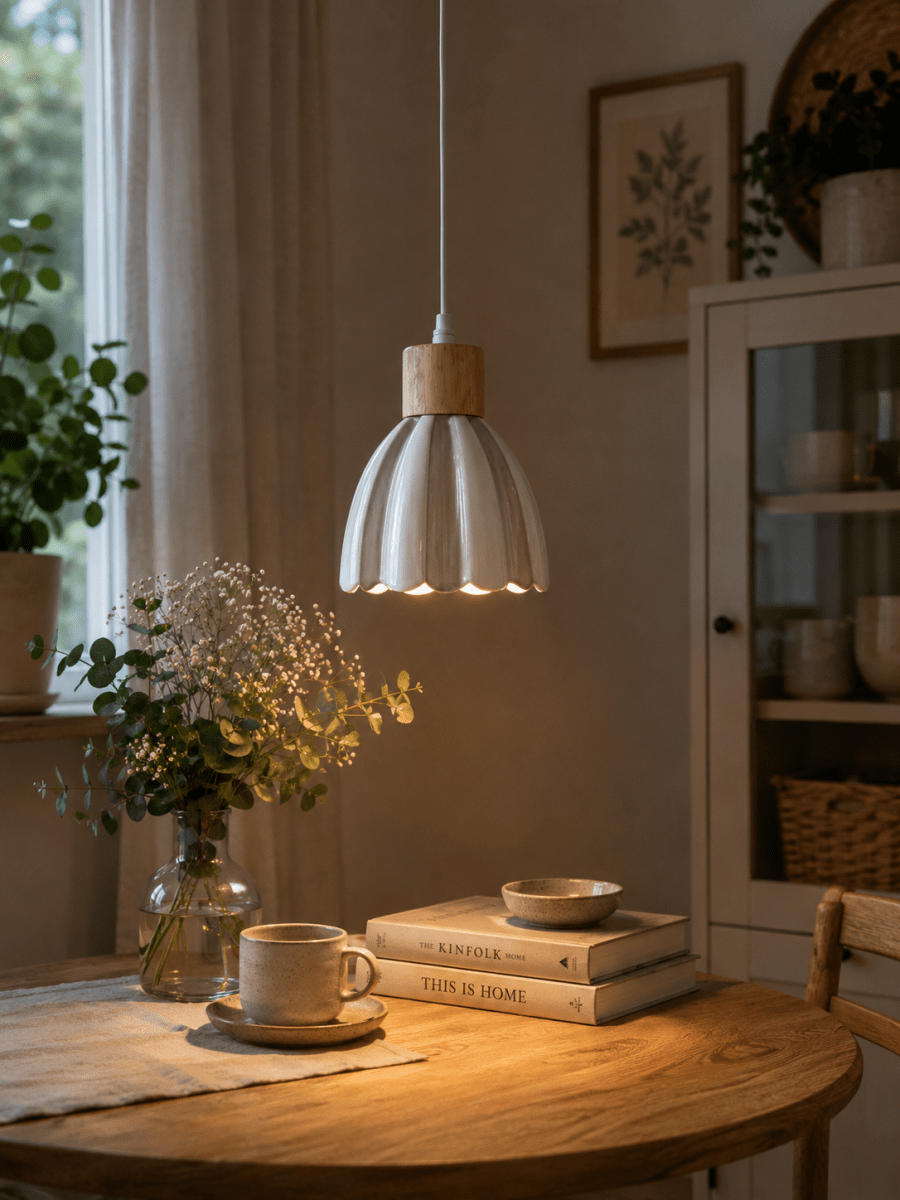 Poppy Ø15 Wit/beige raamlamp Van Pixie Design - Poppy is een charmante keramische raamlamp met een zacht afgeronde vorm en decoratieve houten details die een natuurlijke uitstraling geven.