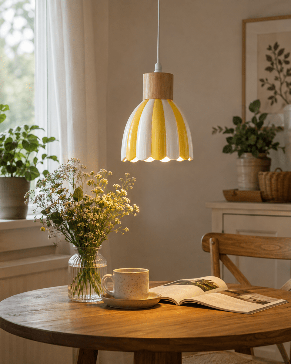 Poppy Ø15 Geel/wit raamlamp Van Pixie Design - Poppy is een charmante vensterlamp van keramiek met een zacht afgeronde vorm en decoratieve houten details die een natuurlijke uitstraling geven.