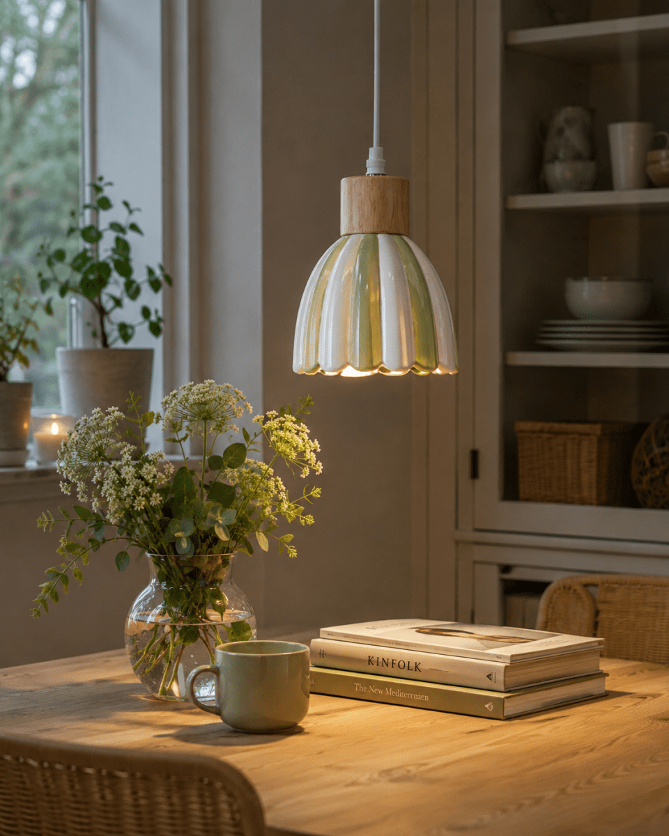 Poppy Ø15 Groen/wit raamlamp Van Pixie Design - Poppy is een charmante keramische raamlamp met een zacht afgeronde vorm en decoratieve houten details die een natuurlijke uitstraling geven.